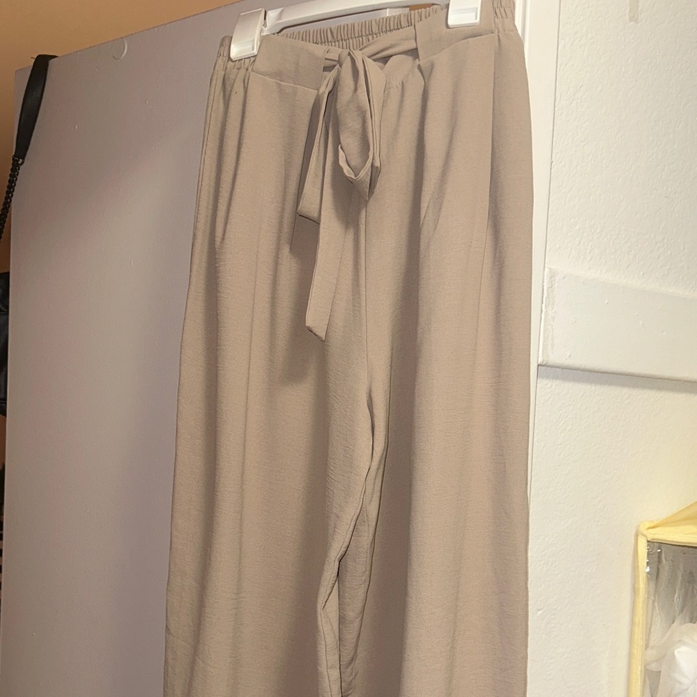 Zara Beige Wide-Leg Pants with Tie Waist